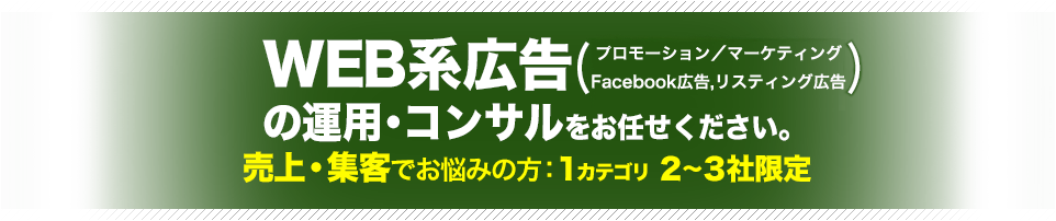 WEB系広告（リスティング広告、FB広告）の運用・コンサルをお任せください。売上・集客でお悩みの方：１カテゴリ２−３社限定